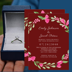 Pink Floral Greenery Dark Red Elegant Wedding Ankündigung