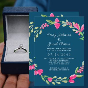 Pink Floral Greenery Ocean Blue Elegance Wedding Ankündigung