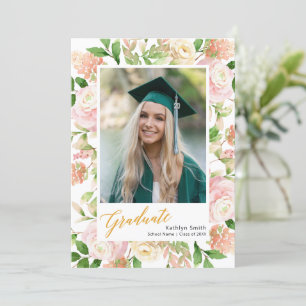 Pink Floral Greenery Script Girl Foto Abschluss Ankündigung