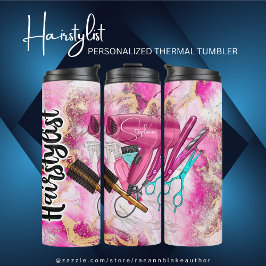 Pink Floral Haarstylist Personalisiert Thermosbecher