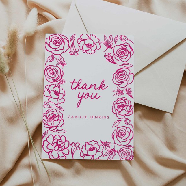 Pink Floral Hand Drawn Whimsical Vielen Dank Dankeskarte (Pink Floral Elegant Thank you card)