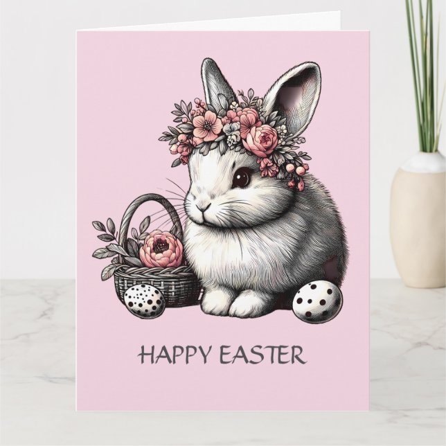 Pink Floral Happy Oster Niedlich Bunny Blumen Wrea Karte (Vorderseite)