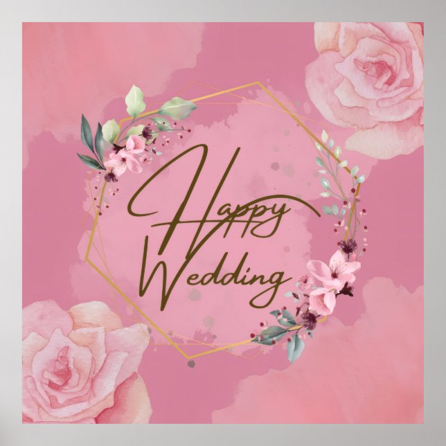 Pink Floral Happy Wedding Poster (Vorne)