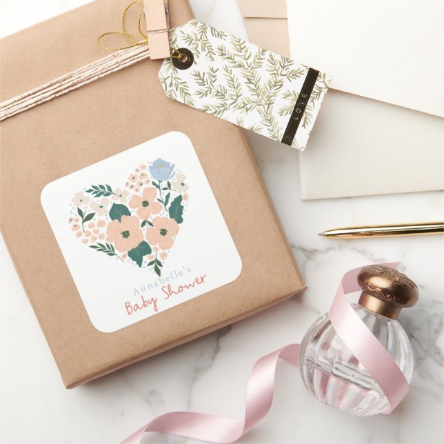 Pink Floral Heart Girl Baby Shower Quadratischer Aufkleber (Schenken)