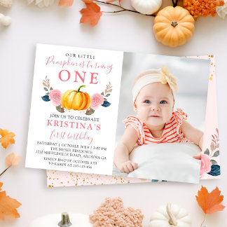 Pink Floral Herbst Pumpkin 1. Geburtstag Foto Einladung