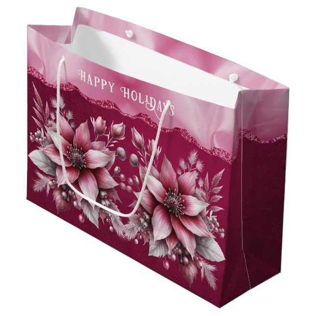 Pink Floral Holiday Geschenktasche Große Geschenktüte (Vorderseite Schrägansicht)