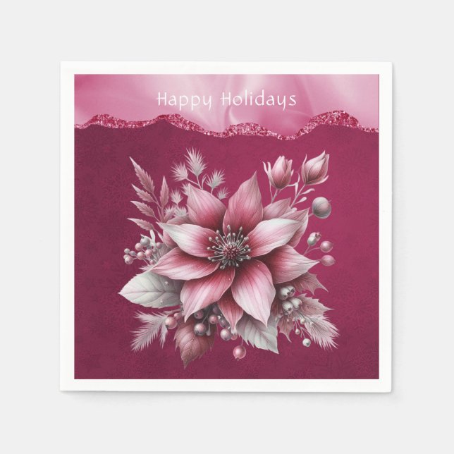 Pink Floral Holiday Napkin Serviette (Vorderseite)