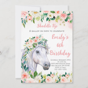 Pink Floral & Horse 6. Geburtstagsparty Einladung