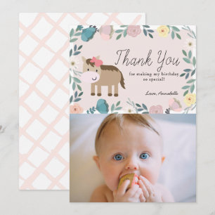 Pink Floral Horse Geburtstag Foto Danke Karte