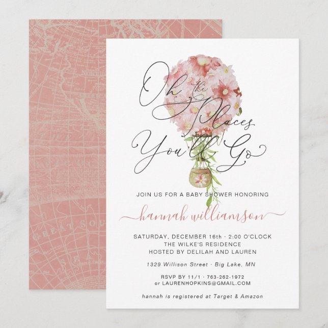 Pink Floral Hot Air Ballon Babydusche Einladung (Vorne/Hinten)