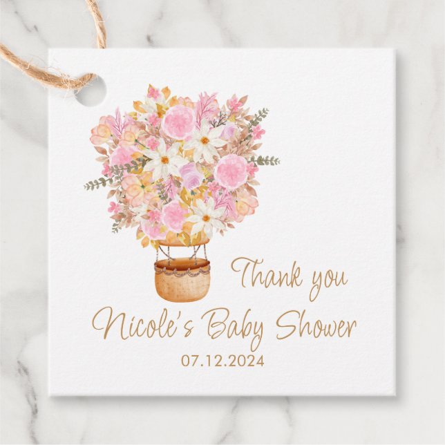 Pink Floral Hot Air Ballon Babydusche Geschenkanhänger (Vorderseite)