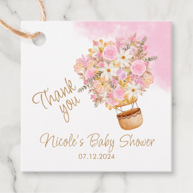 Pink Floral Hot Air Ballon Babydusche Geschenkanhänger (Vorderseite)