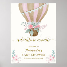 Pink Floral Hot Air Ballon Babydusche Willkommen Poster
