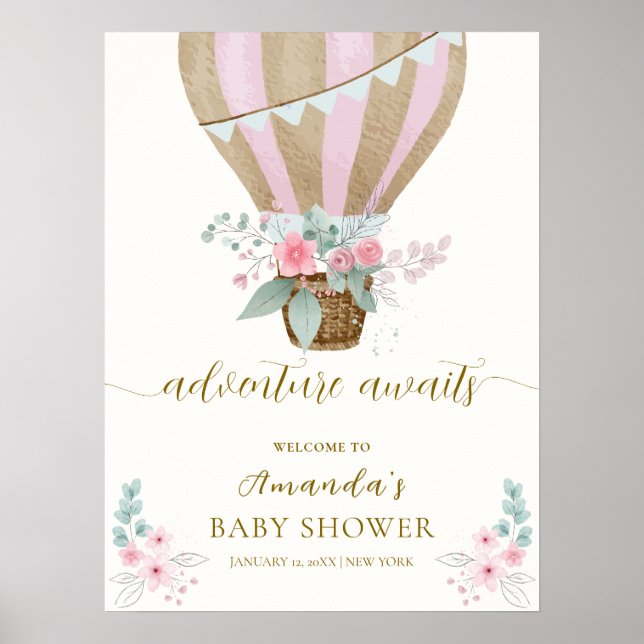 Pink Floral Hot Air Ballon Babydusche Willkommen Poster (Vorne)