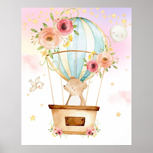 Pink Floral Hot Air Ballon Niedlich Bären Abenteue Poster (Vorne)