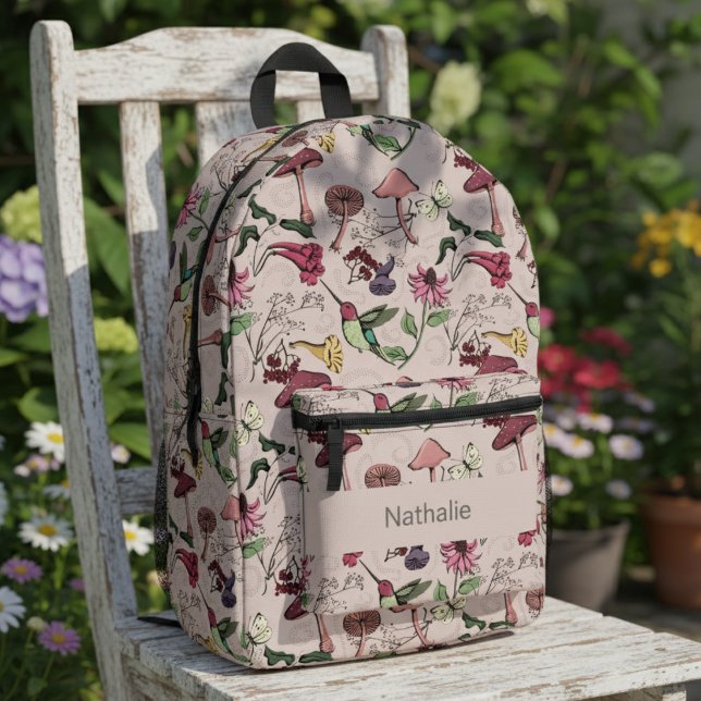 Pink Floral Hummingbird Nature Pattern Bedruckter Rucksack (Cute Pink Hummingbird Backpack for Her. Girly Colorful Floral Hummingbirds & Flowers Nature Pattern)