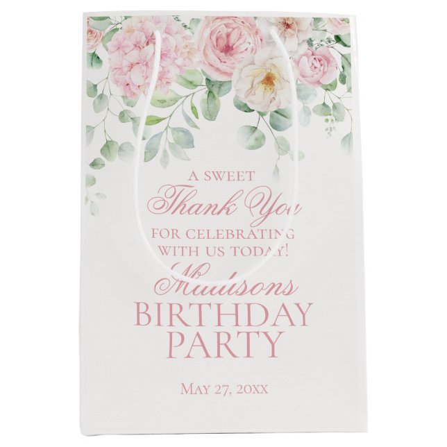 Pink Floral Hydrangea Botanical Birthday Gevor Mittlere Geschenktüte (Vorderseite)