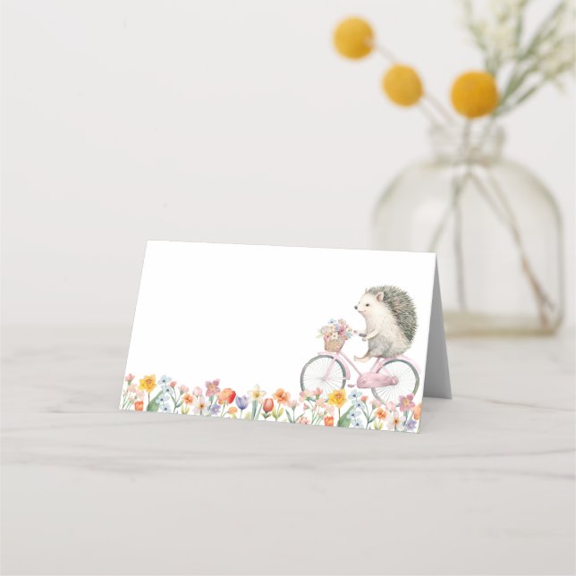 Pink Floral Igel Kinderdusche Platzkarte (Vorderseite)