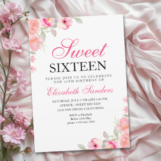 Pink Floral Illustration Sweet Sixteen Einladung