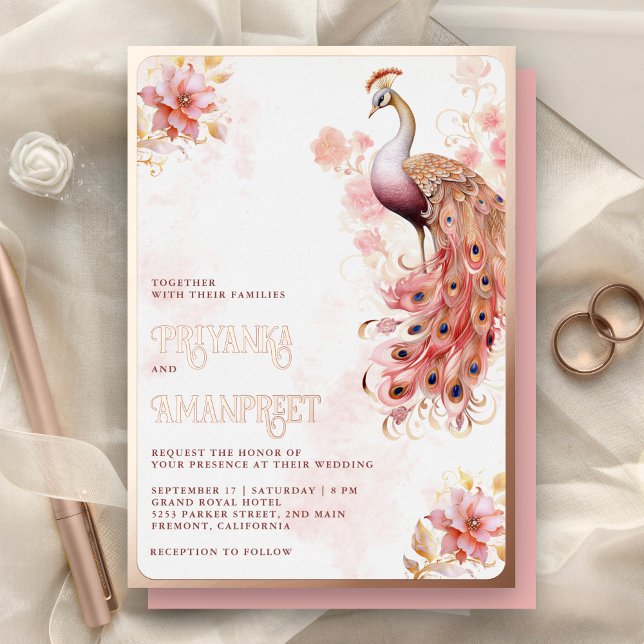 Pink Floral Indian Peacock Wedding Rose Gold Folieneinladung (Von Creator hochgeladen)