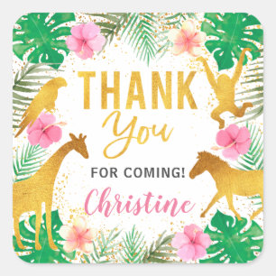 Pink Floral Jungle Animals Safari Party Quadratischer Aufkleber