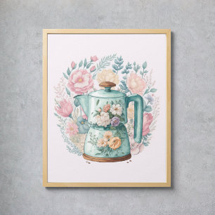 Pink Floral Kaffee Wasserkocher Küche Poster