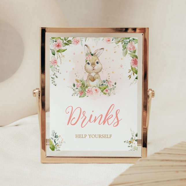Pink Floral Kleine Babydusche Getränke Poster (Girl Peter Rabbit Baby Shower Drinks Sign)