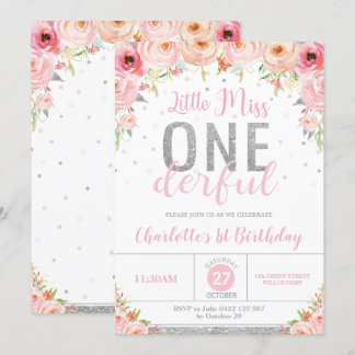 Pink Floral Kleine Miss Onederful 1. Geburtstag Einladung