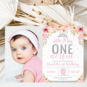Pink Floral Kleine Miss Onederful 1. Geburtstag Einladung