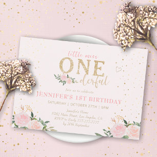 Pink Floral Kleine Miss Onederful 1. Geburtstag Einladung