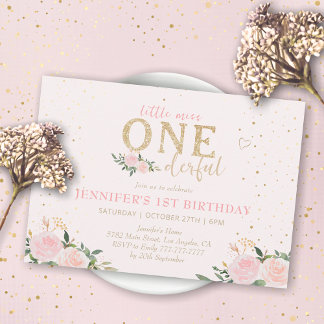 Pink Floral Kleine Miss Onederful 1. Geburtstag Einladung