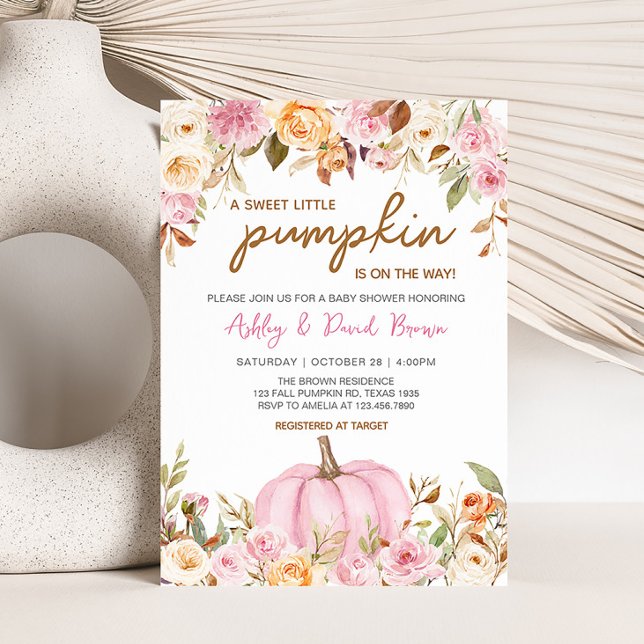 Pink Floral Kleine Pumpkin Baby Dusche Einladung (Girl Floral Pumpkin Baby Shower Invitation)