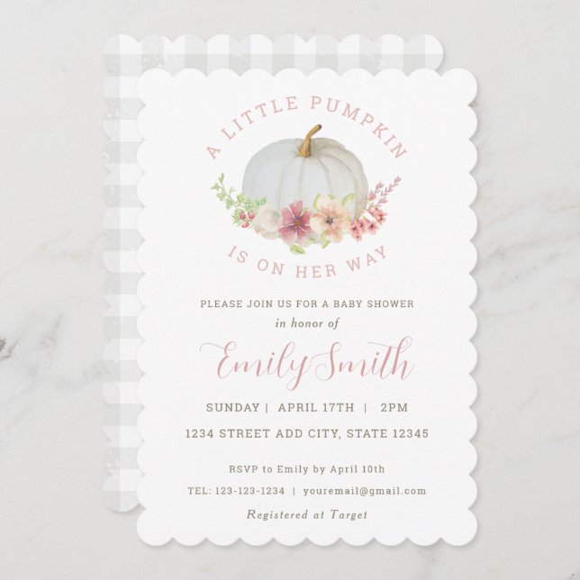 Pink Floral Kleine Pumpkin Fall Kindermädchen Dusc Einladung (Vorne/Hinten)