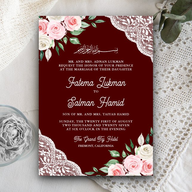 Pink Floral Lace Burgund QR Code Muslim Hochzeit Einladung (Von Creator hochgeladen)