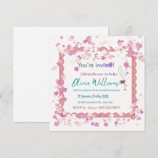 Pink Floral Lace Stork Bridal Shower Invitation |  Einladung