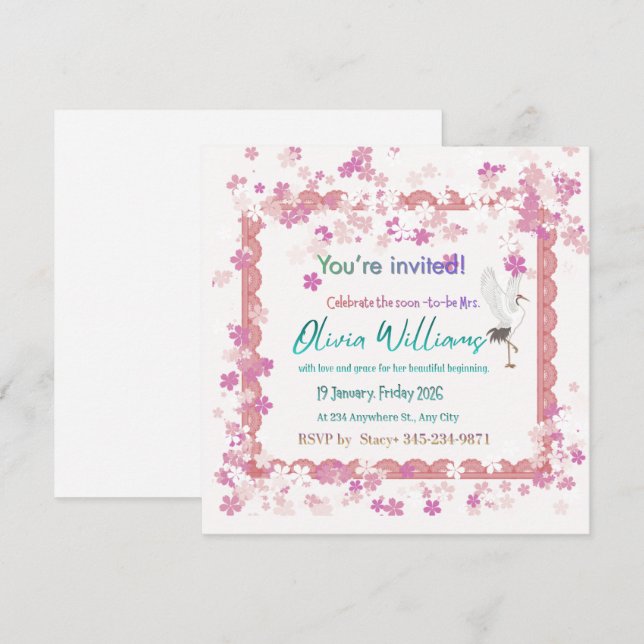 Pink Floral Lace Stork Bridal Shower Invitation |  Einladung (Vorne/Hinten)