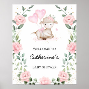 Pink Floral Lamb Oster Girl Babydusche Willkommen Poster