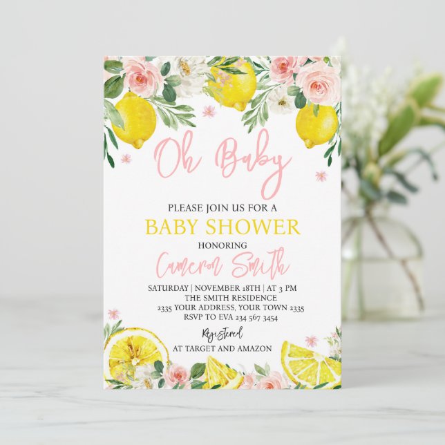 Pink Floral Lemon Baby Shower Einladung (Stehend Vorderseite)
