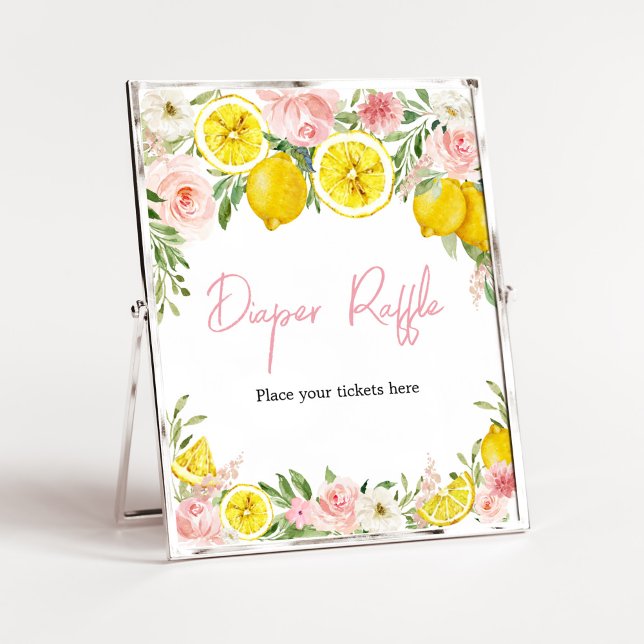 Pink Floral Lemon Diaper Raffel Poster (Summer Lemon Citrus Baby Shower Diaper Raffle Sign)