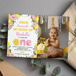 Pink Floral Lemon Girl 1. Geburtstag Einladung