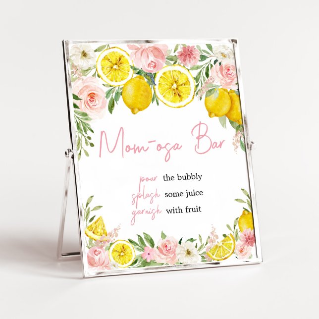Pink Floral Lemon Mama Osa Bar Poster (Summer Lemon Citrus Baby Shower Mom Osa Bar Sign)