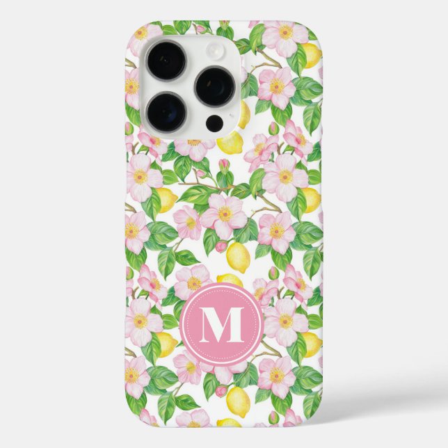 Pink Floral Lemon Pattern Monogram Case-Mate iPhone Hülle (Rückseite)