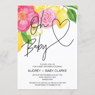 Pink Floral & Lemon Spring Oh Baby Girl Dusche Einladung