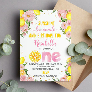 Pink Floral Lemonade 1. Geburtstag Einladung