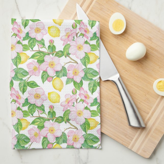 Pink Floral Lemons Muster Geschirrtuch (Viertel Falte)