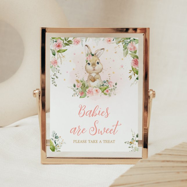 Pink Floral Little Bunny Babies sind süß Poster (Girl Peter Rabbit Baby Shower Babies are Sweet Sign)