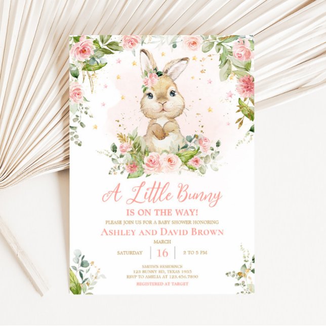 Pink Floral Little Bunny Baby Dusche Einladung (Girl Peter Rabbit Baby Shower Invitation)