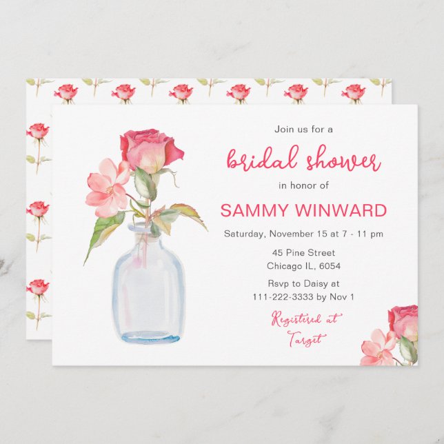 Pink Floral Mason Jar Brautparty Einladung (Vorne/Hinten)