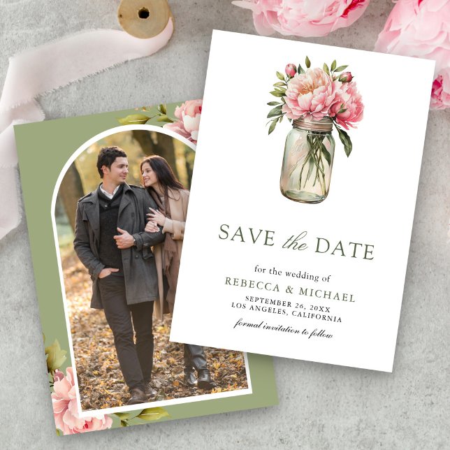 Pink Floral Mason Jar Foto Hochzeit Save The Date (Von Creator hochgeladen)