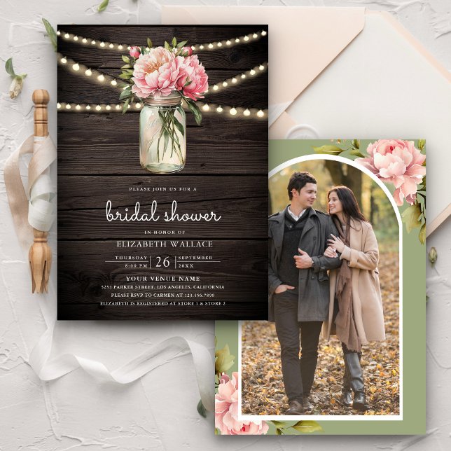 Pink Floral Mason Jar Foto Holz Brautparty Einladung (Von Creator hochgeladen)